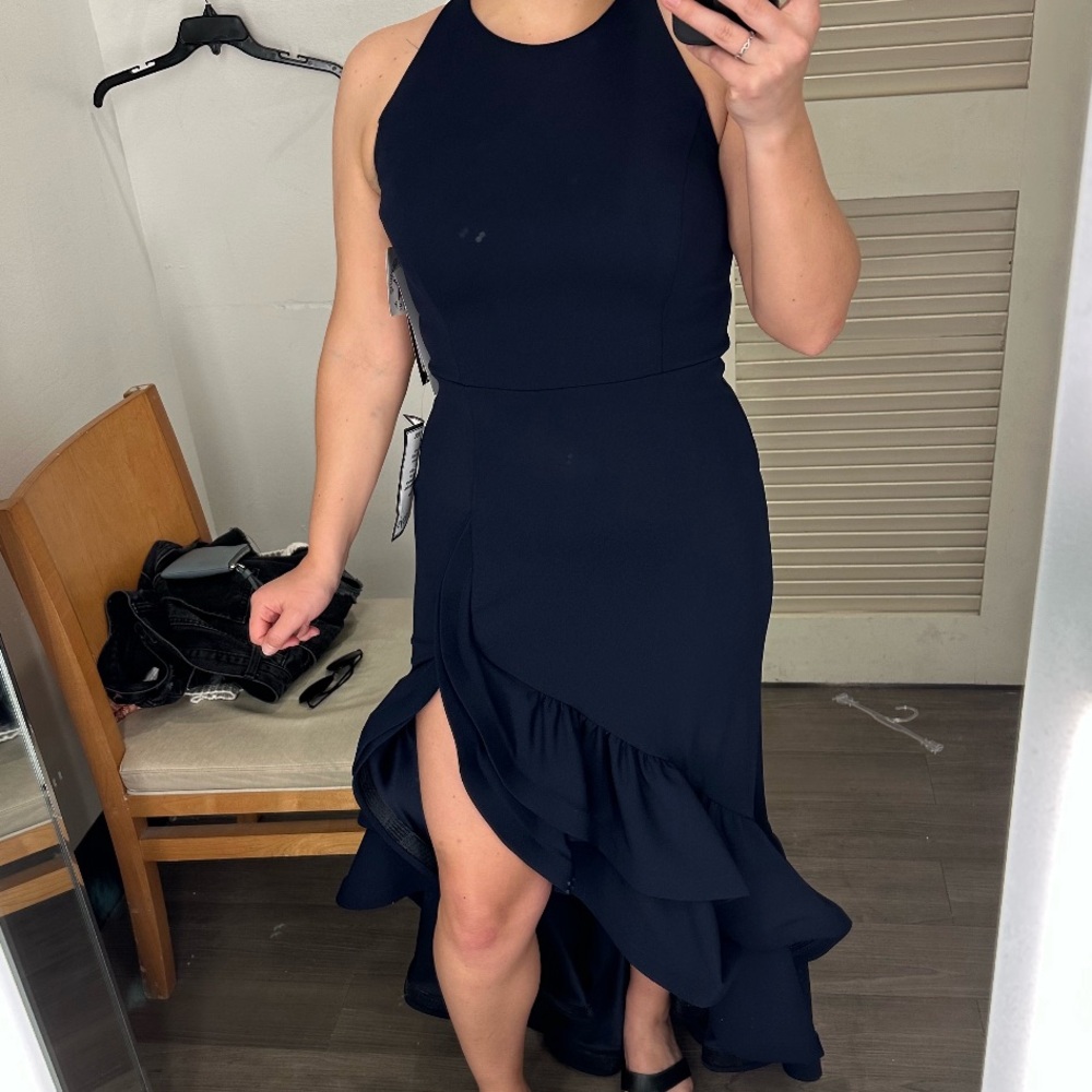 Elegant Navy Blue Ruffle Dress with slit